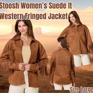 Stoosh Women's Western Cowgirl Faux-Suede Fringe Shirt/Jacket Size Large (Brown)